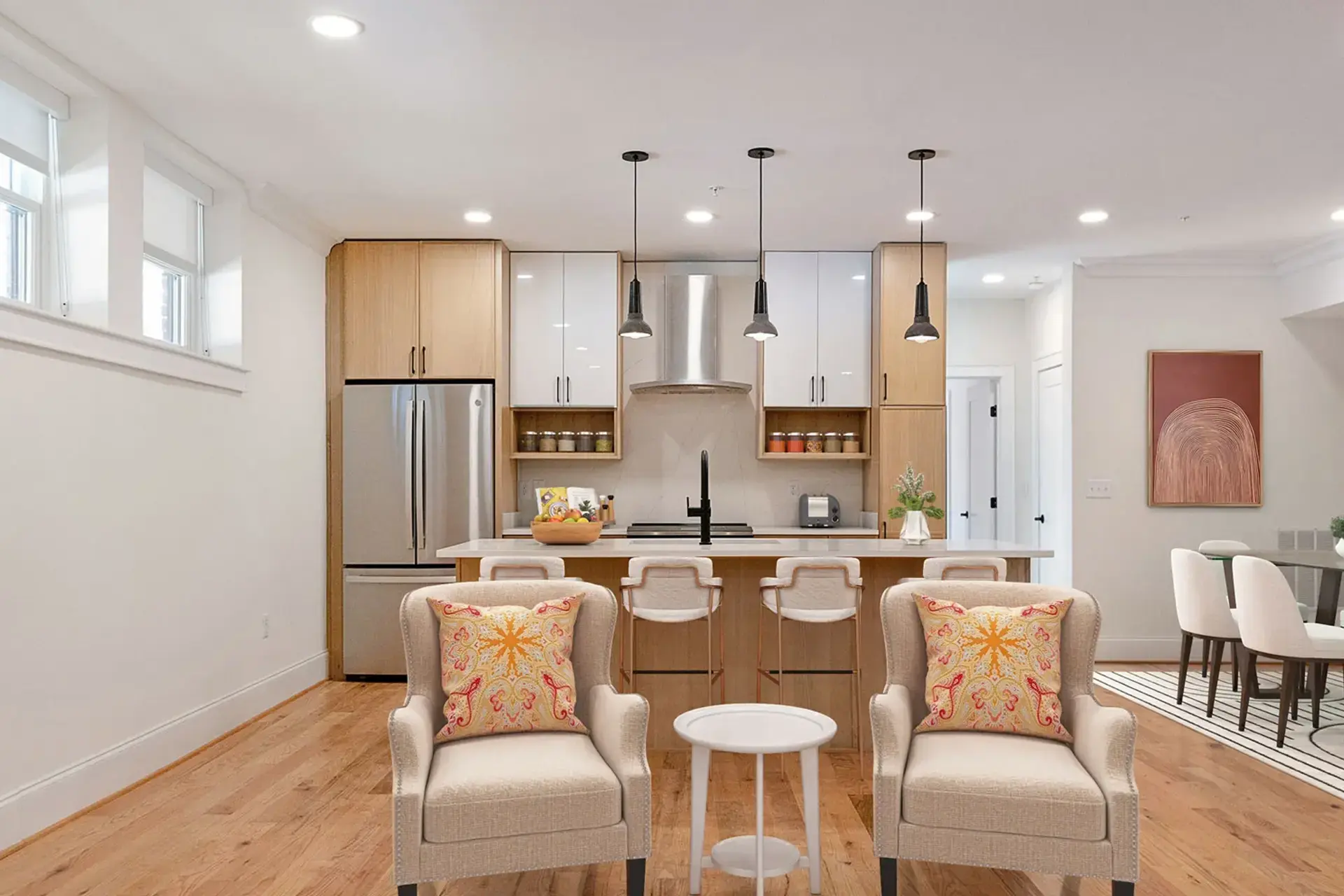 The Abby living area and kitchen with island