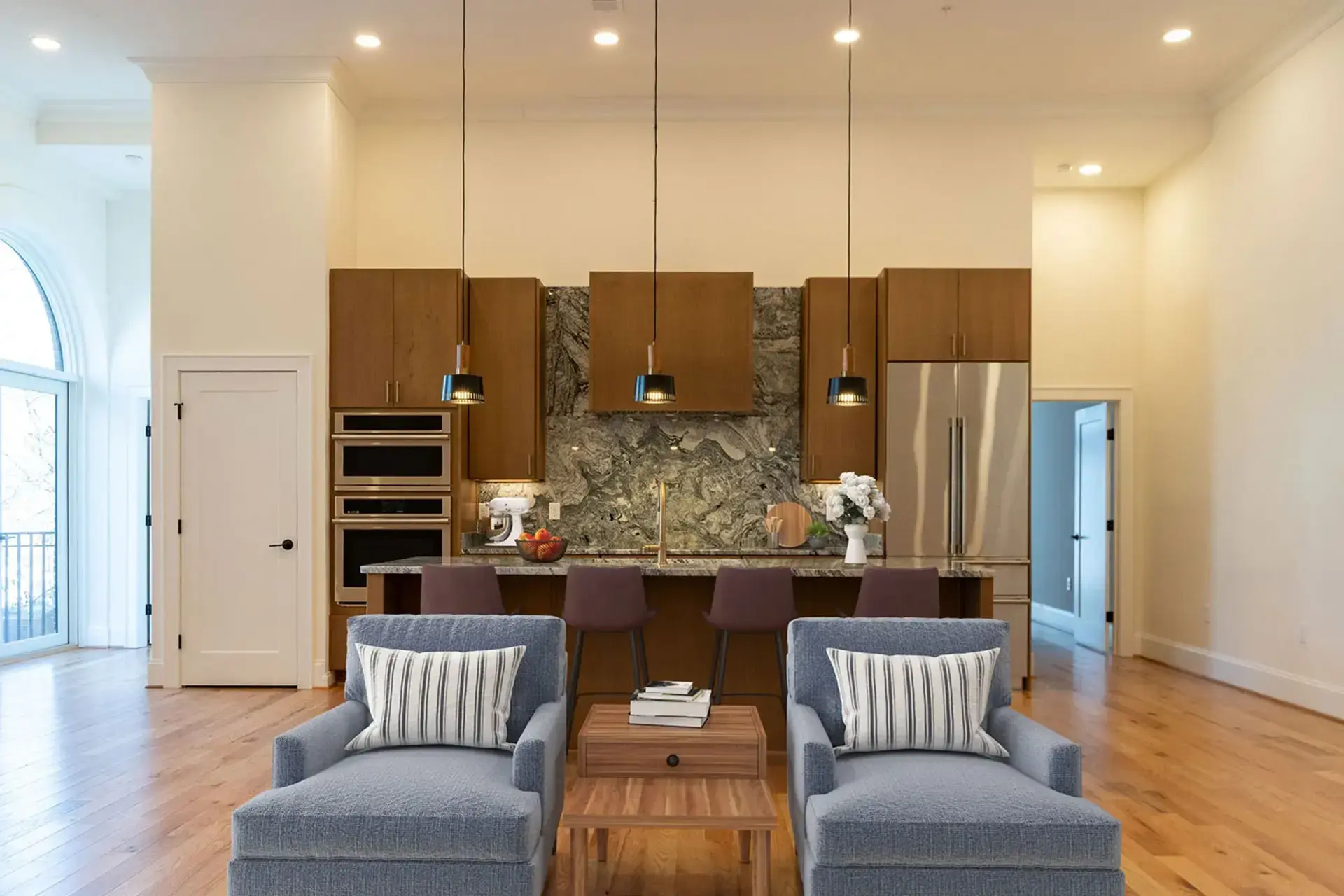 The Abby kitchen with pendant lights and island