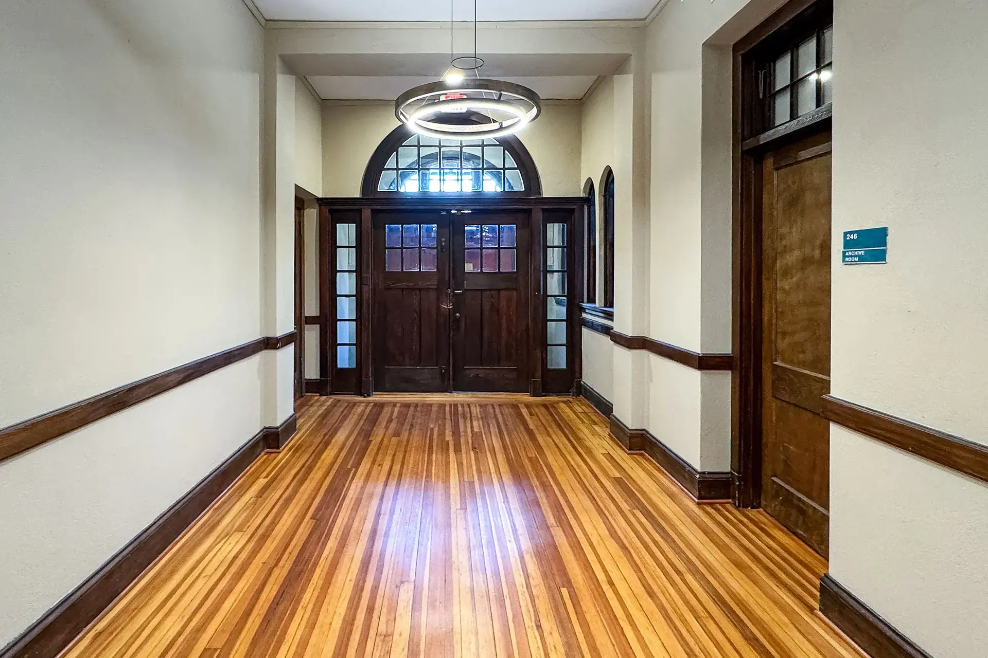 The Abby historic front entrance doors and hallway