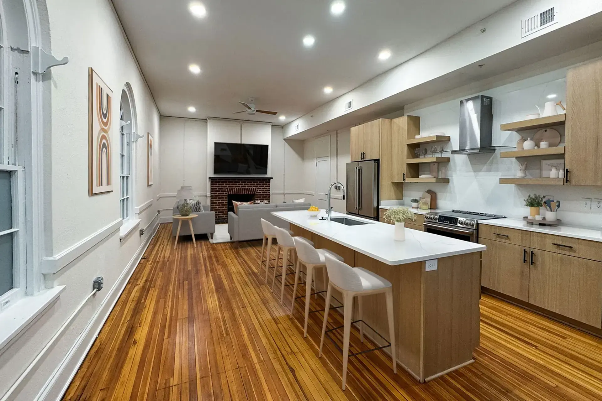 The Watkins condominium with kitchen and fireplace