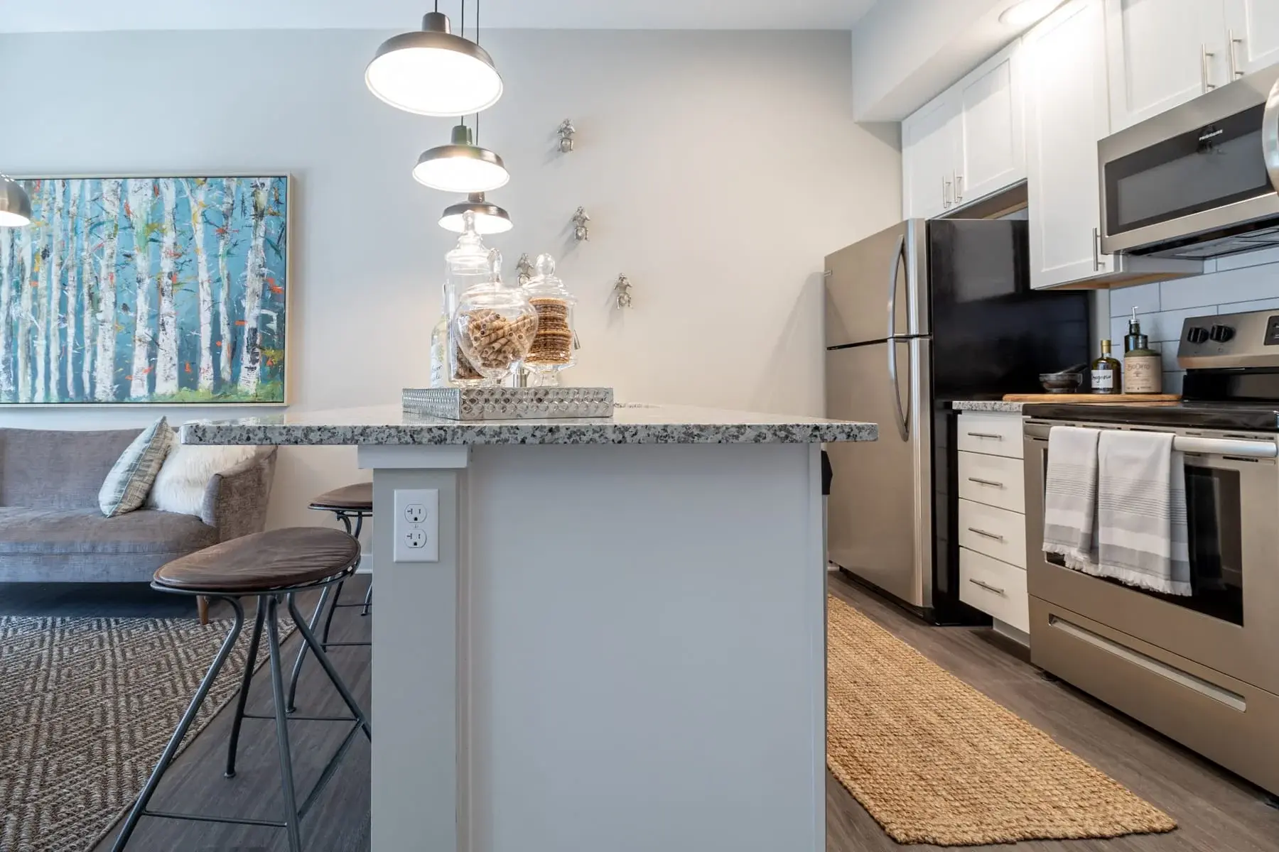The Penny at Jackson Ward kitchen island with lighting