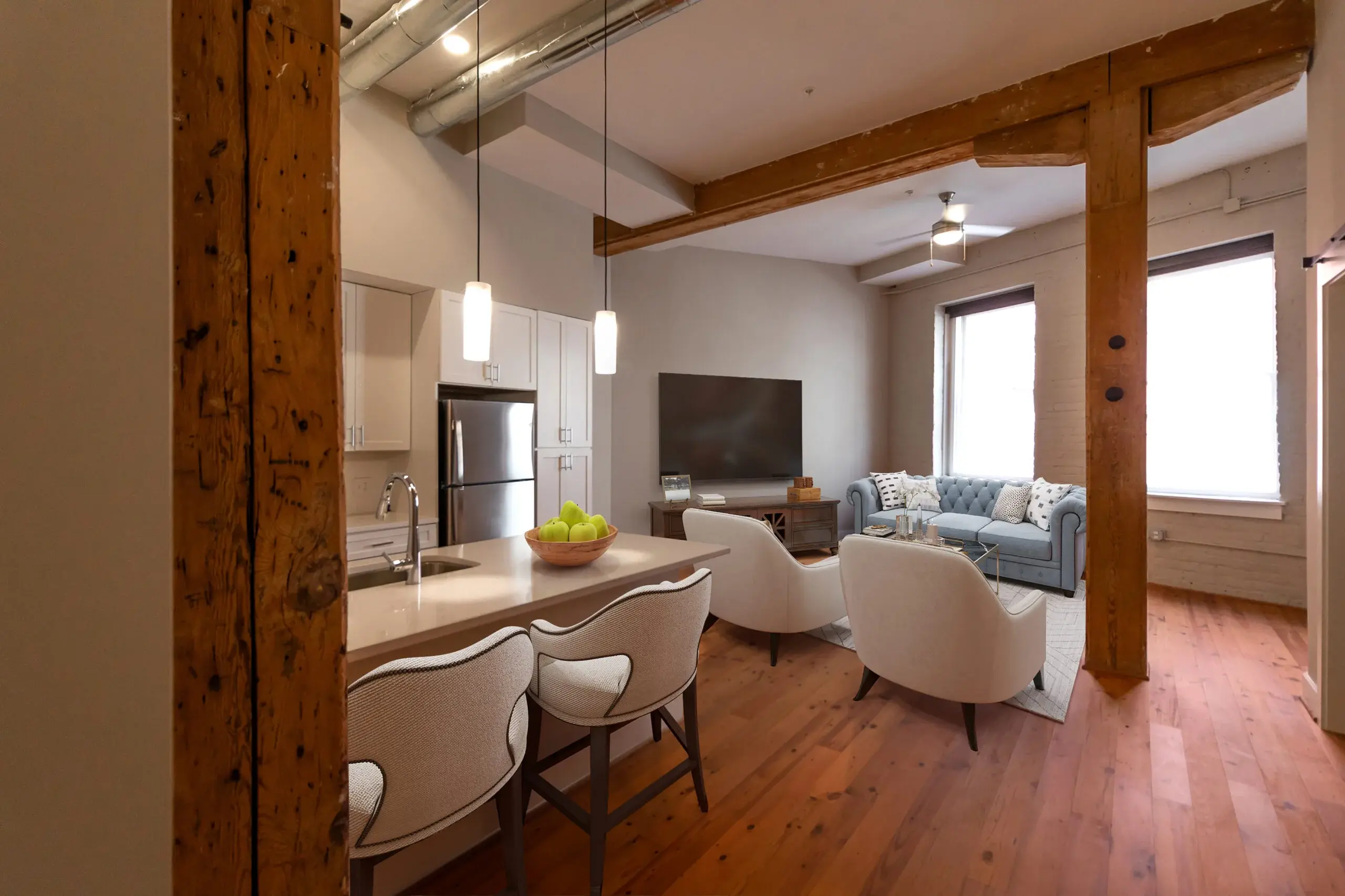 The Watkins condominium living room and kitchen