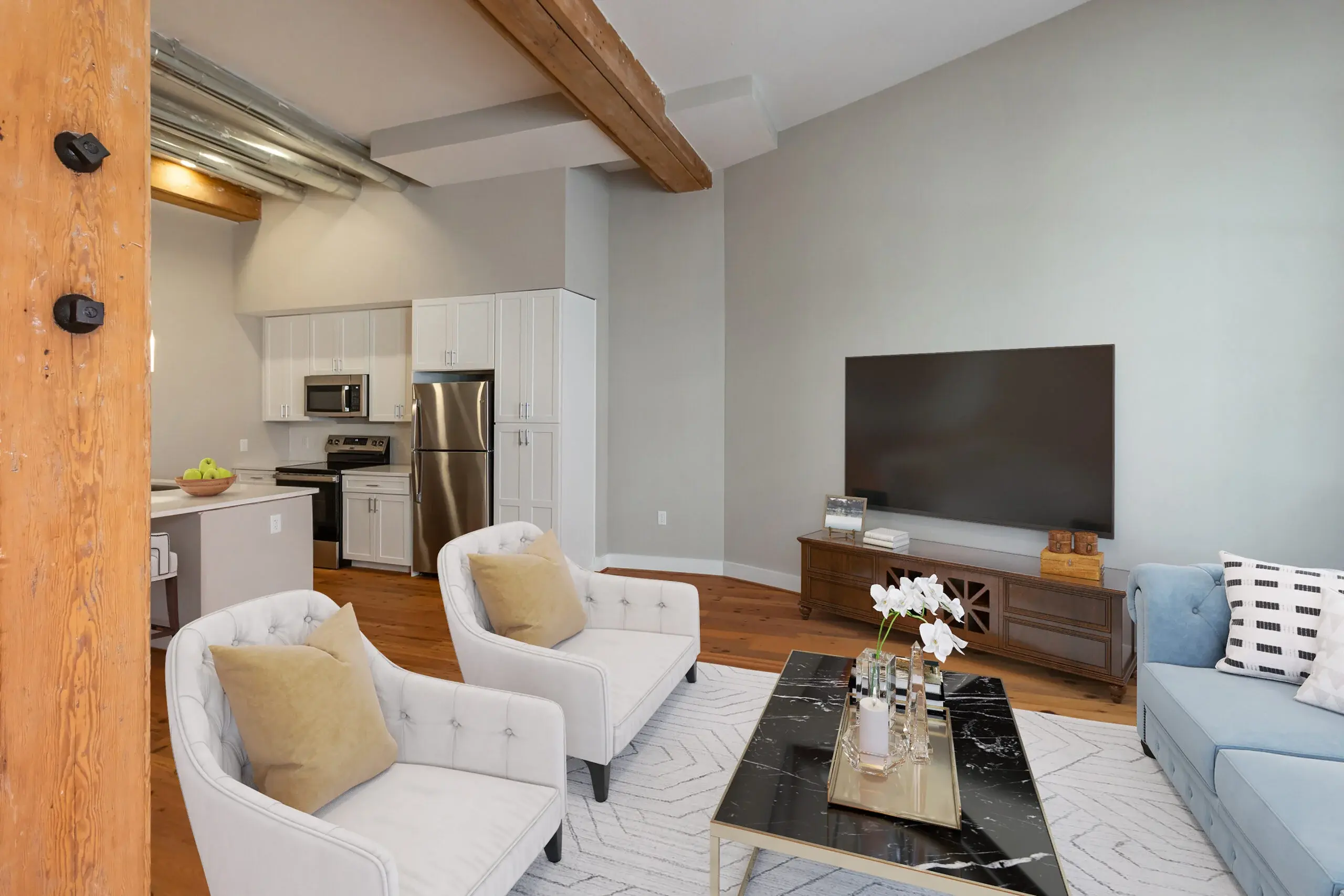 The Watkins condominium living room with widescreen television