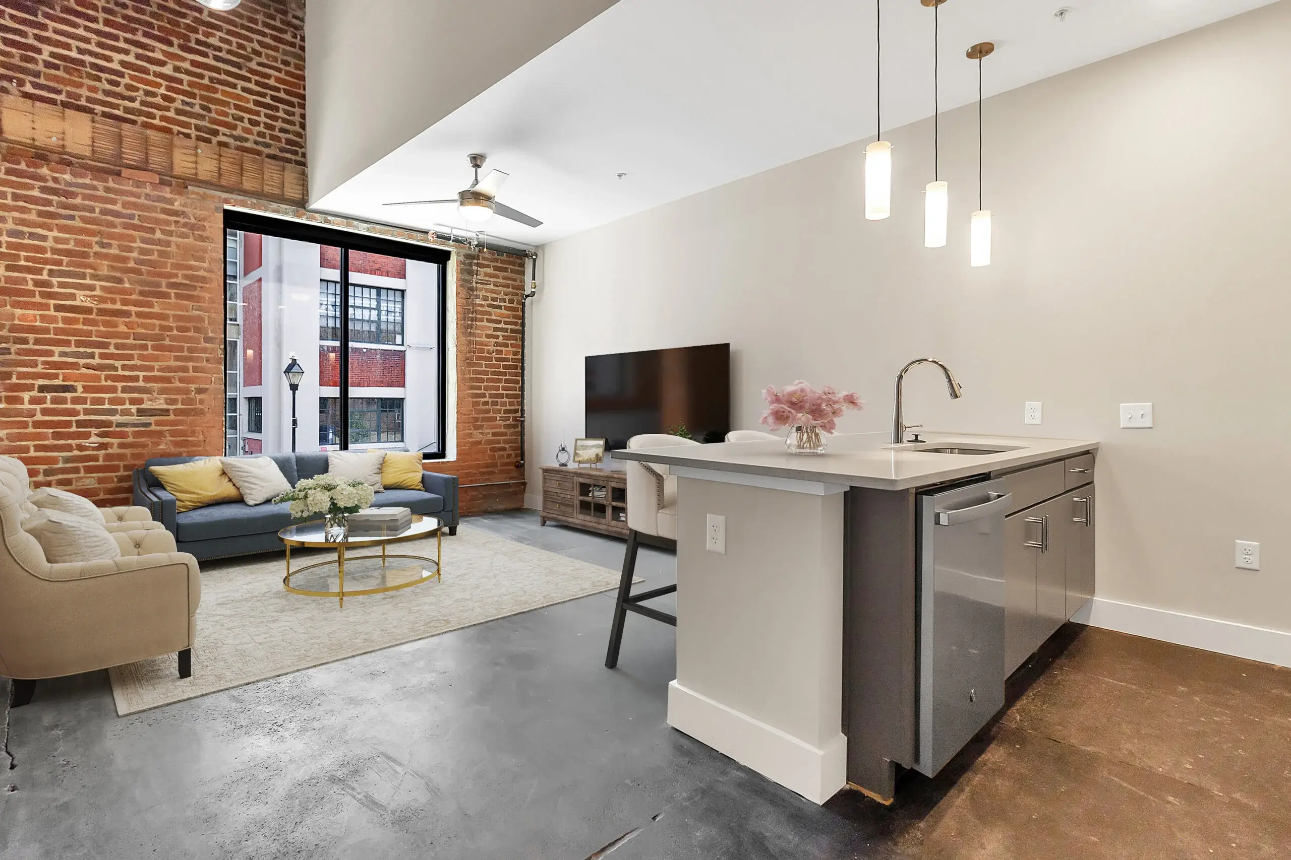 The Watkins condominium living room seen from kitchen