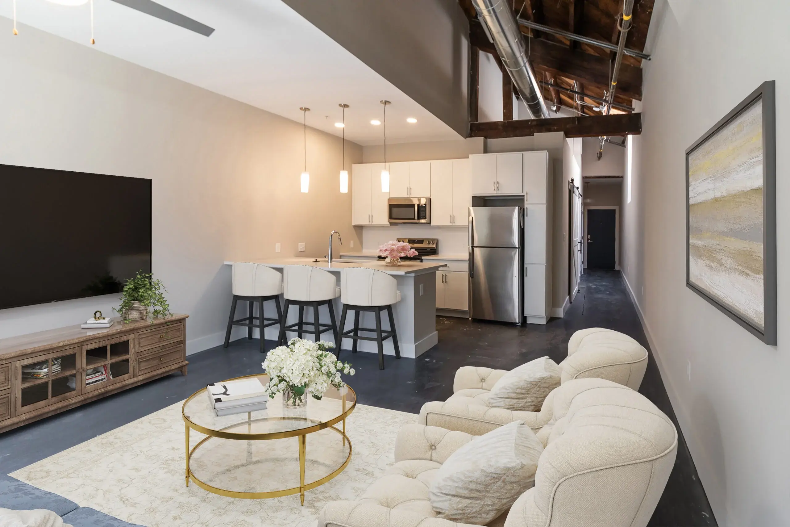 The Watkins condominium living room and shot of kitchen