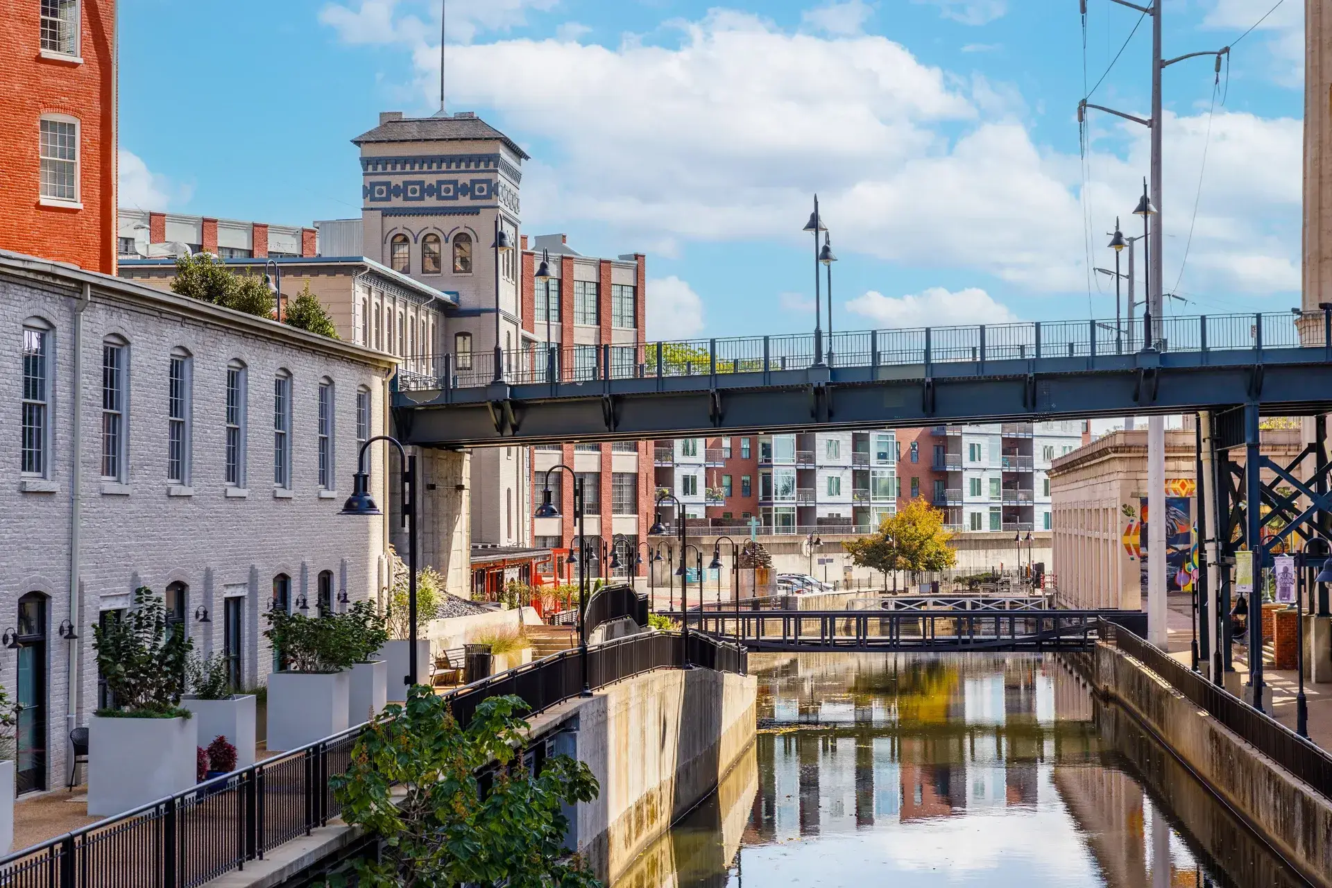 canal walk with surrounding buildings, foot bridges and over passes